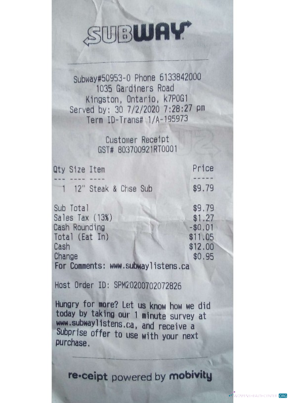 Download Canada Subway company payment receipt Photoshop template